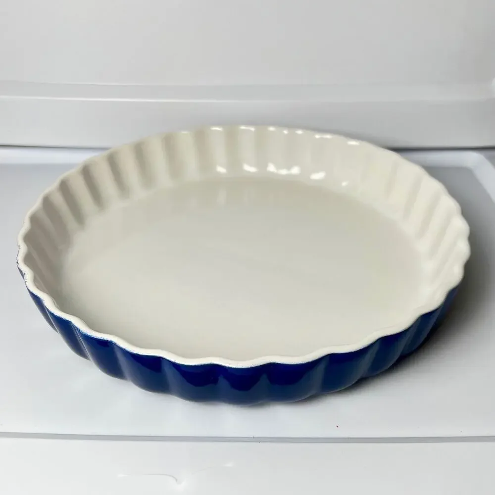 Vintage Blue Rim Stoneware Pie Dish Baker 11.25